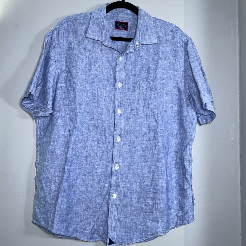 Untuckit Blue Linen SS Button Up, Sz L
